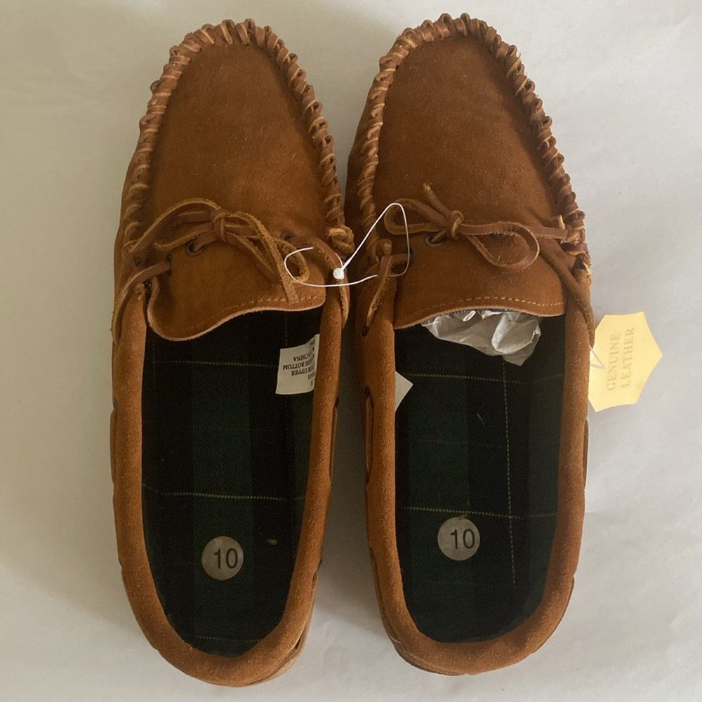 Men's moccasin slippers Brown Leather suede Loafers house shoes size 10 NEW
